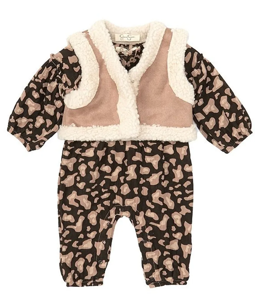 Jessica Simpson Baby Girls Newborn-9 Months Sleeveless Faux Fur Trimmed  Vest & Printed Coveralls Set