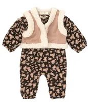 Jessica Simpson Baby Girls Newborn-9 Months Sleeveless Faux Fur Trimmed Vest & Printed Coveralls Set