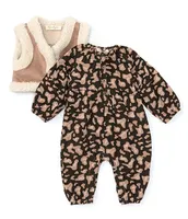 Jessica Simpson Baby Girls Newborn-9 Months Sleeveless Faux Fur Trimmed Vest & Printed Coveralls Set