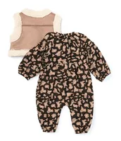 Jessica Simpson Baby Girls Newborn-9 Months Sleeveless Faux Fur Trimmed Vest & Printed Coveralls Set