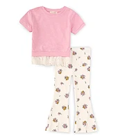 Jessica Simpson Little Girls 2T-6X Short-Sleeve Eyelet-Trimmed Top & Floral-Print Flared-Leg Pant Set