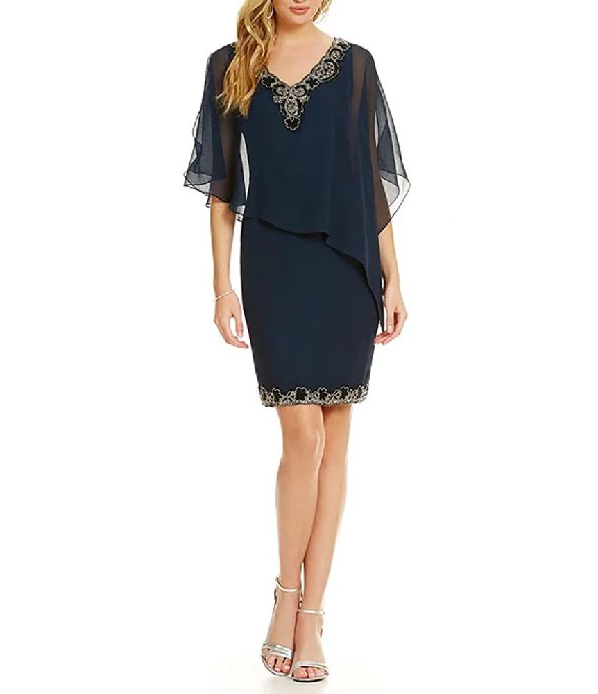 Jkara Petite V-Neck Beaded Asymmetrical Capelet Dress | Pueblo Mall