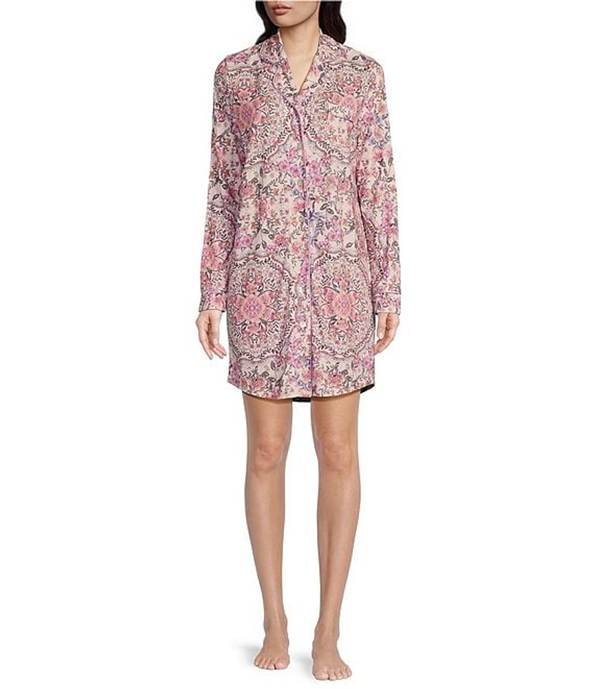 JOHNNY WAS The Neena Floral Print Notch Collar Knit Chest Pocket Long Sleeve Nightshirt