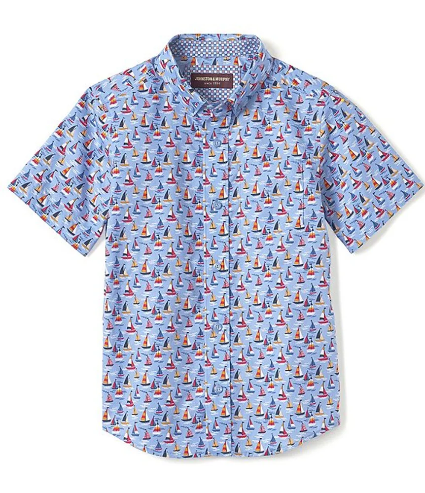 Johnston & Murphy Little/Big Boys 4-16 Blue Sailboat Short Sleeve Woven Shirt