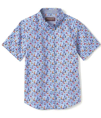 Johnston & Murphy Little/Big Boys 4-16 Blue Sailboat Short Sleeve Woven Shirt