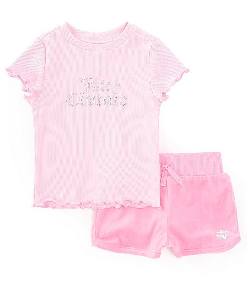 Juicy Couture Little Girls 2T-6X Short Sleeve Rhinestone-Embellished Logo Rib-Knit T-Shirt & Solid Velvet Shorts Set