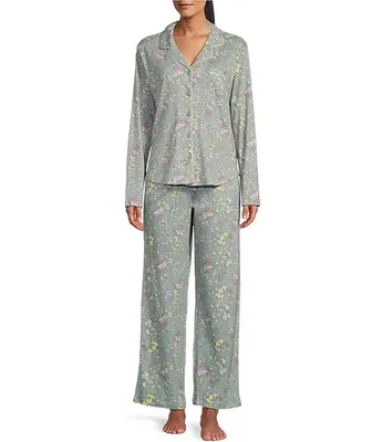 Karen Neuburger Floral Print Long Sleeve Notch Collar Interlock Knit Breezy Blossom Girlfriend Pajama Set