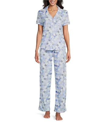 Karen Neuburger Short Sleeve Notch Collar Mosaic Interlock Knit Long Pant Pajama Set