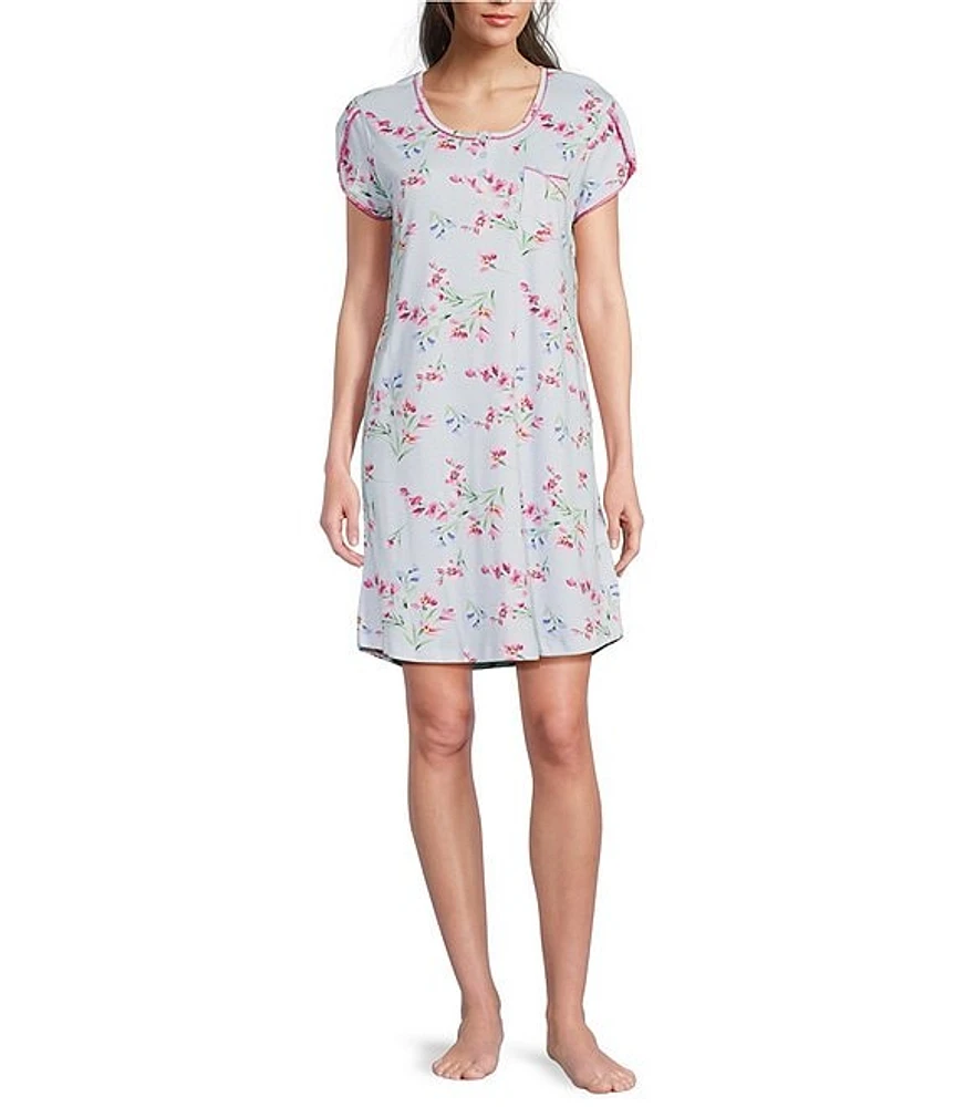 Karen Neuburger Short Sleeve Round Neck Knit Floral Print Nightshirt