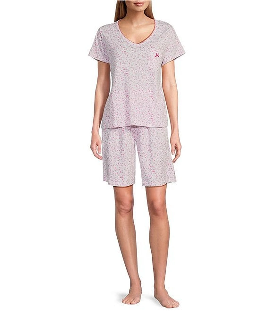 Karen Neuburger Short Sleeve V-Neck Brushed Interlock Knit Ditsy Floral Bermuda Pajama Set