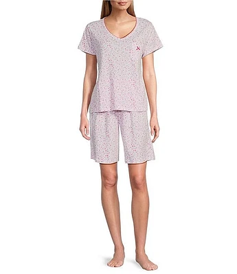 Karen Neuburger Short Sleeve V-Neck Brushed Interlock Knit Ditsy Floral Bermuda Pajama Set