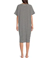 Landry Black and White Striped V-Neck Short Dolman Sleeve Knit Lounge Dress