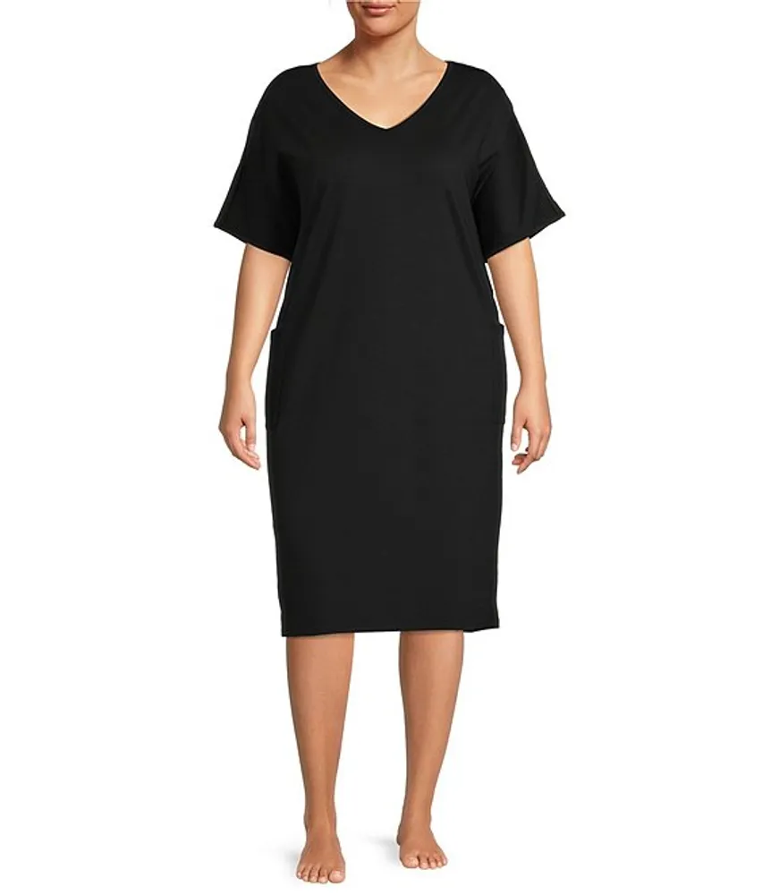 Landry Plus Size Solid V-Neck Short Dolman Sleeve Knit Midi Lounge Dress
