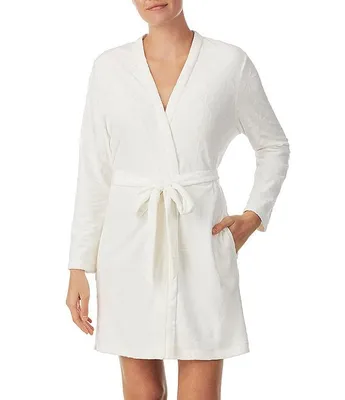 kate spade new york Embossed Floral Plush Long Sleeve Tie-Front Short Wrap Cozy Robe