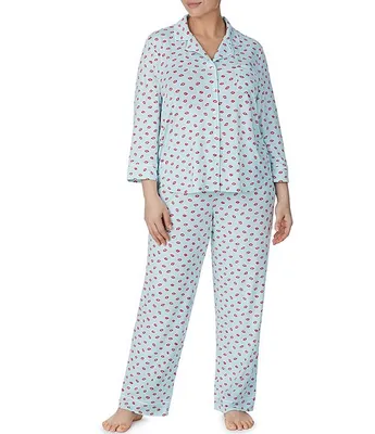 kate spade new york Plus Size Brushed Cozy Jersey Lip Print 3/4 Sleeve Notch Collar Full Length Pajama Set