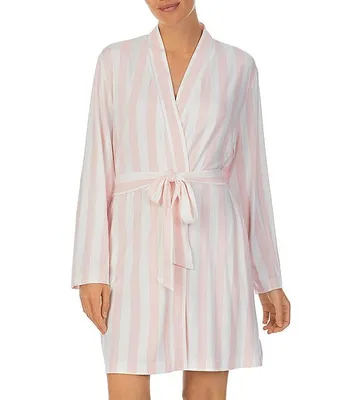 kate spade new york Stripe Print Long Sleeve Shawl Collar Jersey Knit Pocketed Tie Short Robe