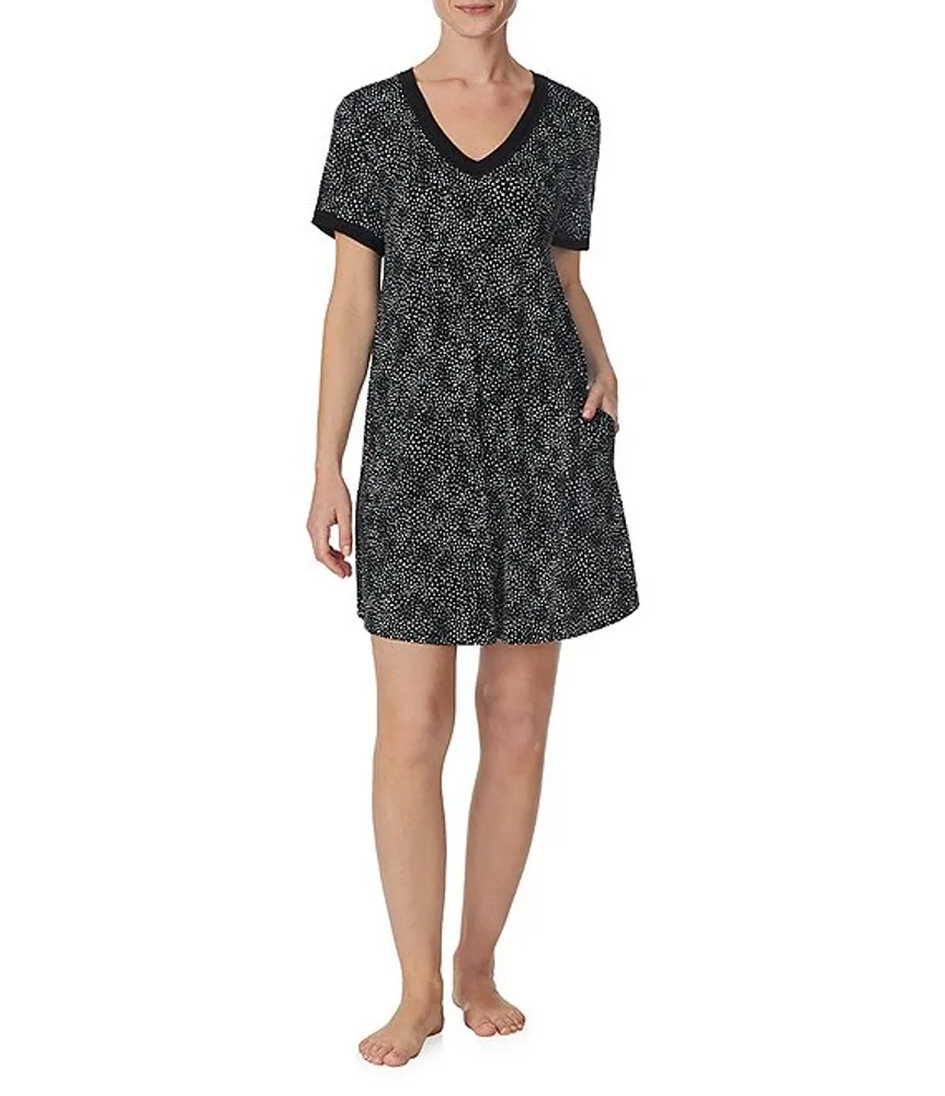 Kensie Jersey Knit Dotted Short Sleeve V-Neck Nightshirt