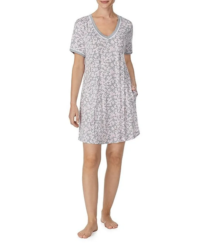 Kensie Jersey Knit Falling Petals Floral Short Sleeve V-Neck Nightshirt