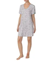 Kensie Jersey Knit Falling Petals Floral Short Sleeve V-Neck Nightshirt