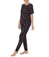 Kensie Knit Floral Dot Print Short Sleeve Round Neck Top & Jogger Pajama Set