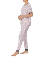 Kensie Knit Heart Print Short Sleeve Round Neck Top & Jogger Pajama Set