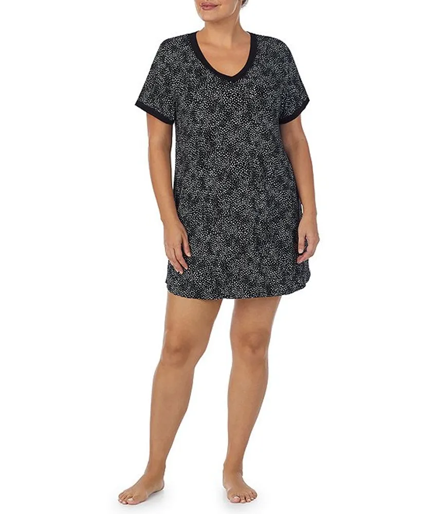 Kensie Plus Jersey Knit Dotted Short Sleeve V-Neck Nightshirt