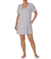 Kensie Plus Jersey Knit Falling Petals Floral Short Sleeve V-Neck Nightshirt