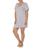 Kensie Plus Jersey Knit Falling Petals Floral Short Sleeve V-Neck Nightshirt