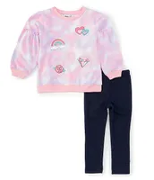 Kids Headquarters Little Girls 2T-4T Long Sleeve Patch-Detailed Tie-Dye French Terry Sweatshirt & Denim-Look Knit Leggings Set