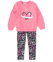 Kids Headquarters Little Girls 2T-6X Long Sleeve Heart Printed Fleece Sweatshirt & Leggings Set