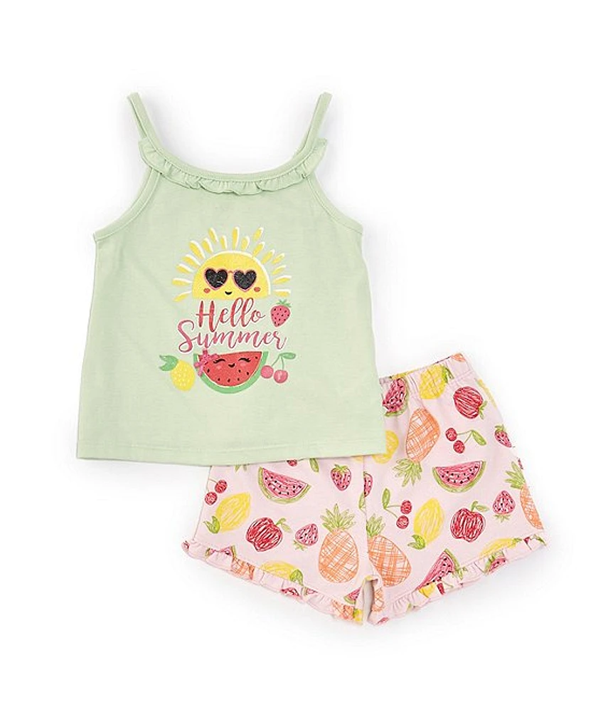 Kids Headquarters Little Girls 2T-6X Sleeveless Hello Sunshine Knit Tank Top & Printed French Terry Shorts Set