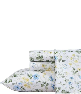 Laura Ashley Meadow Floral Blue 300-Thread Count Cotton Sateen Sheet Set