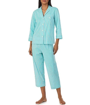 Lauren Ralph 3/4 Sleeve Notch Collar Embroidered Chest Pocket Woven Striped Cropped Pajama Set