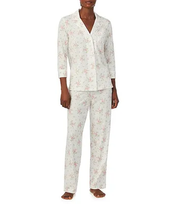 Lauren Ralph 3/4 Sleeve Notch Collar Long Pant Knit Floral Pajama Set