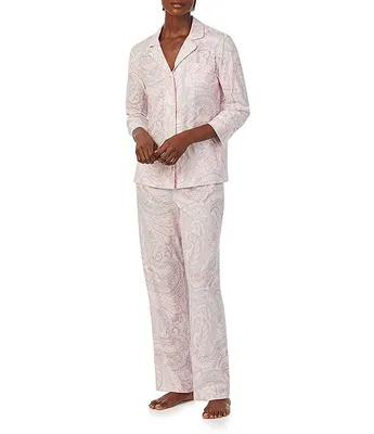 Lauren Ralph 3/4 Sleeve Notch Collar Long Pant Knit Paisley Pajama Set