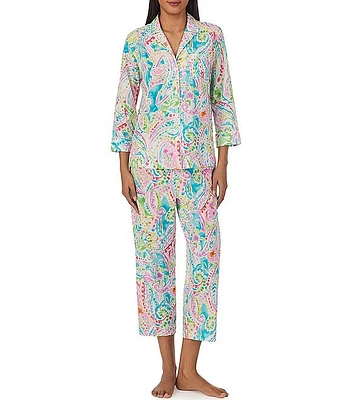 Lauren Ralph 3/4 Sleeve Notch Collar Woven Multi Paisley Cropped Pajama Set