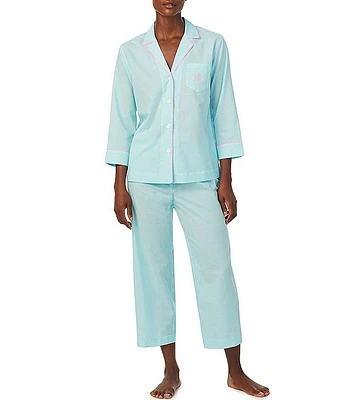 Lauren Ralph Checkered Print 3/4 Sleeve Notch Collar Woven Pajama Set