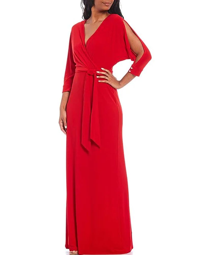 Lauren Ralph Lauren Dennie Matte Jersey V-Neck Split 3/4 Sleeve Faux Wrap  Gown | Alexandria Mall