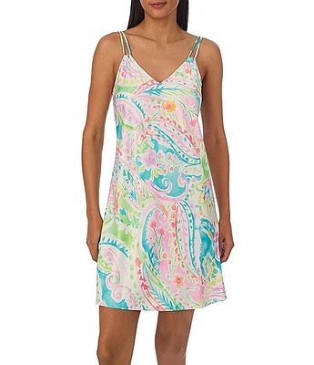 Lauren Ralph Double Strap V-Neck Satin Multi Paisley Chemise