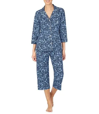 Lauren Ralph Floral Print 3/4 Sleeve Notch Collar Knit Capri Pajama Set