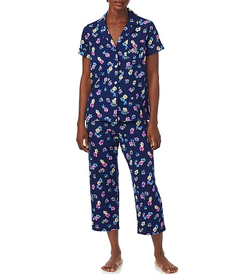 Lauren Ralph Floral Print Short Sleeve Notch Collar Capri Jersey Knit Pant Pajama Set