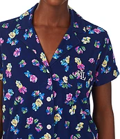 Lauren Ralph Floral Print Short Sleeve Notch Collar Capri Jersey Knit Pant Pajama Set