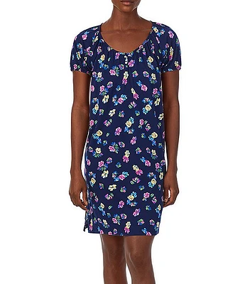 Lauren Ralph Floral Print Short Sleeve V-Neck Nightgown