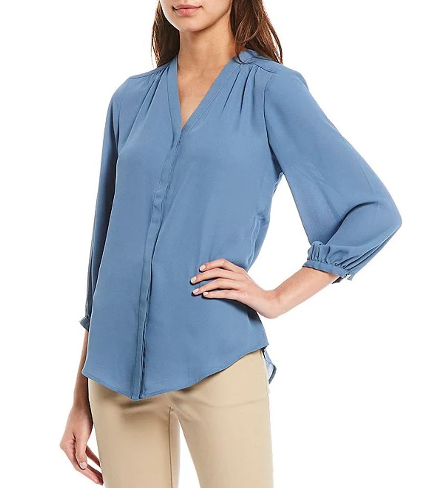 Lauren Ralph Lauren Georgette Shirred 3/4 Sleeve V-Neck Button Front Top |  Alexandria Mall