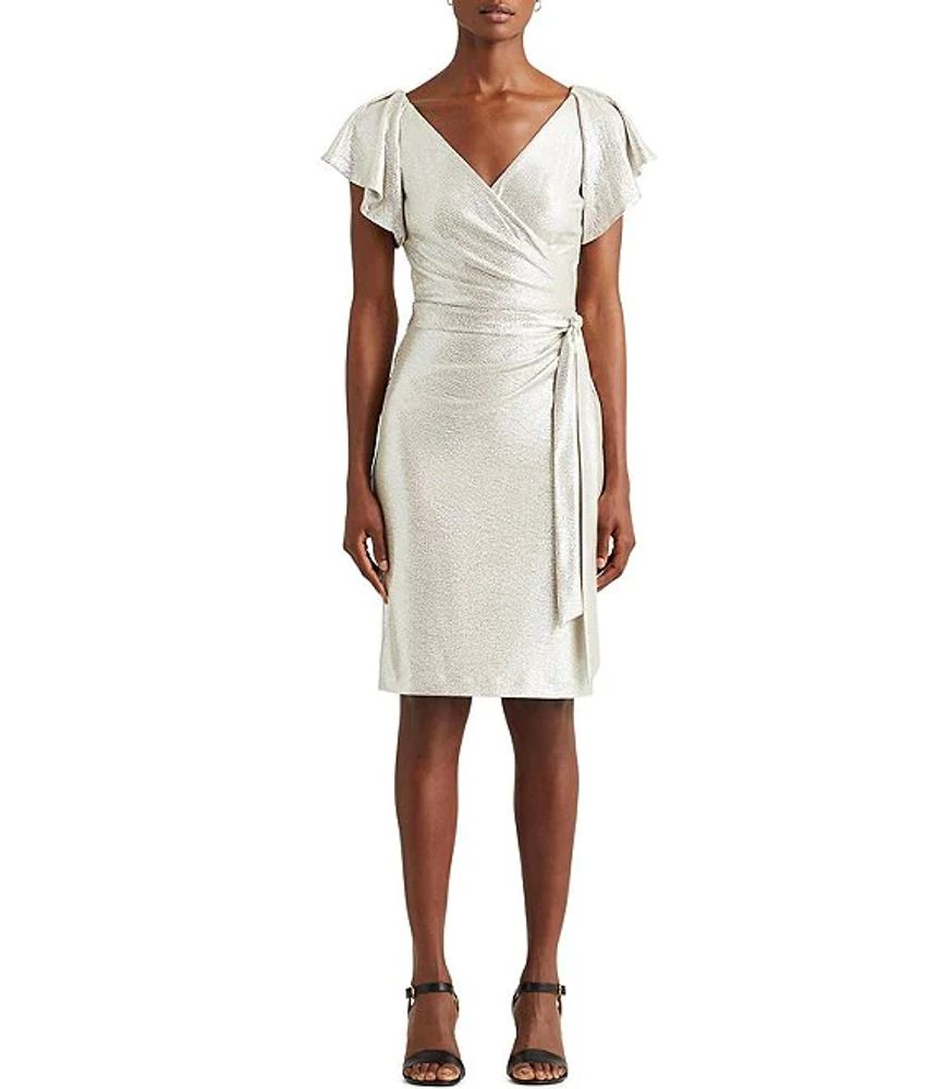 Lauren Ralph Lauren Kelcie Flutter Sleeve Metallic Knit Faux Wrap Dress |  Alexandria Mall