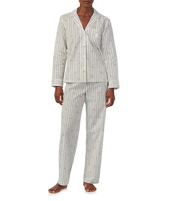 Lauren Ralph Long Sleeve Notch Collar Pant Woven Floral Striped Pajama Set
