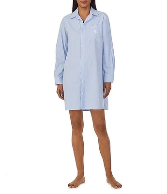 Lauren Ralph Long Sleeve Roll Tab Woven Button-Front Striped Nightshirt