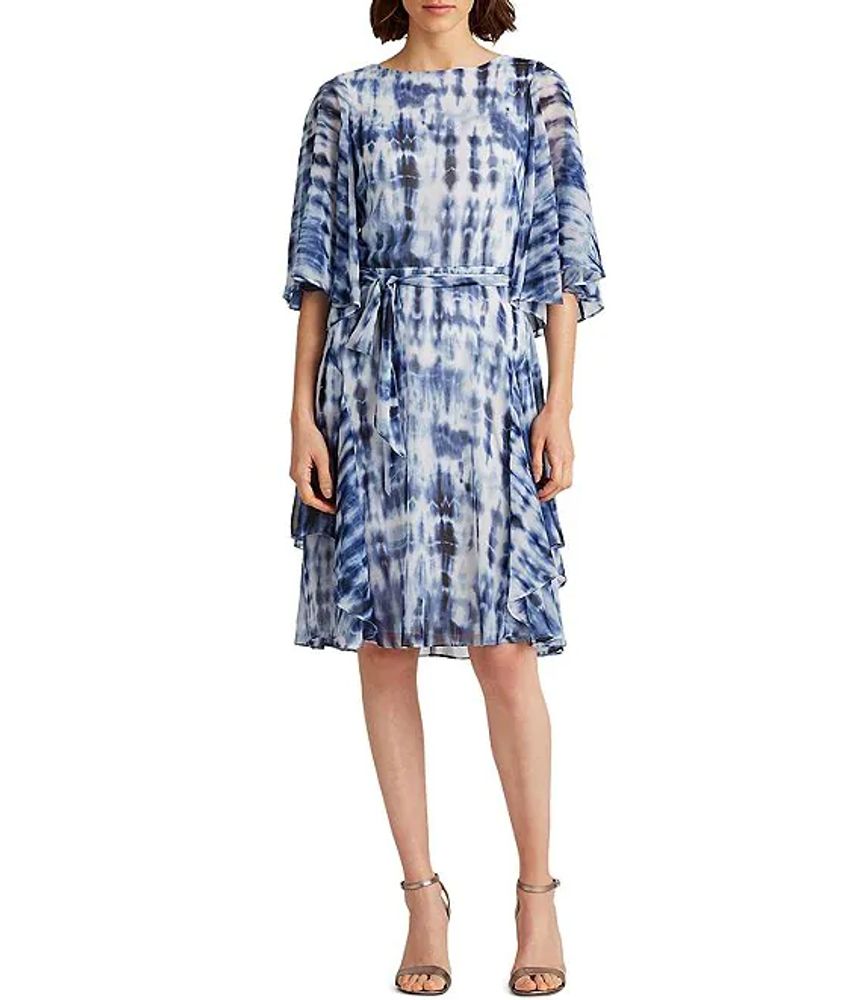 Lauren Ralph Lauren Mandie Tie-Dye Elbow Sleeve Ruffle Detail Georgette  Dress | Alexandria Mall