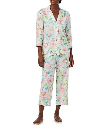 Lauren Ralph Multi Floral Print 3/4 Sleeve Notch Collar Woven Pajama Set