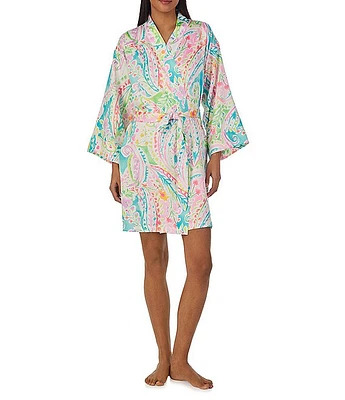 Lauren Ralph Multi Paisley Print 3/4 Sleeve Satin Kimono Short Robe